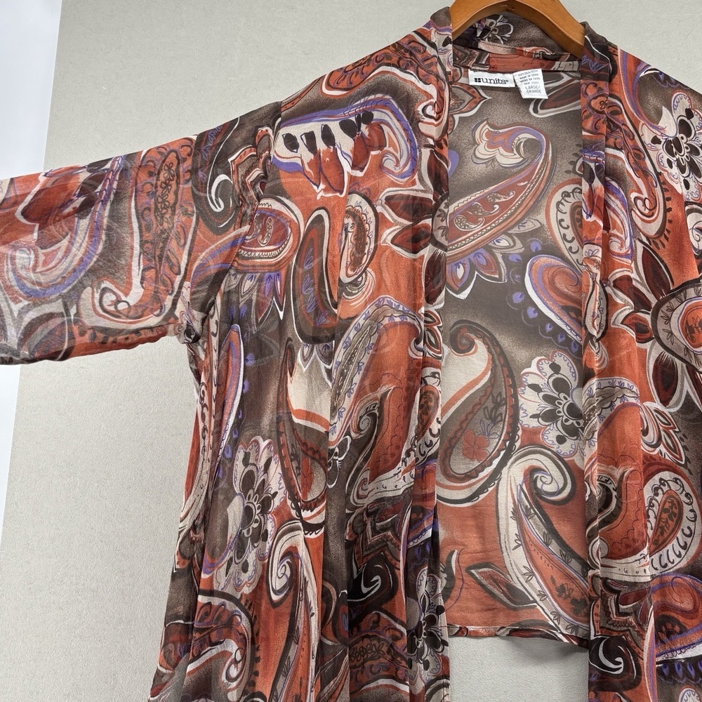 UNITS 100% Silk Sheer Waterfall Paisley Kimono Duster Cardigan Artsy Size L VTG - Picture 4 of 10